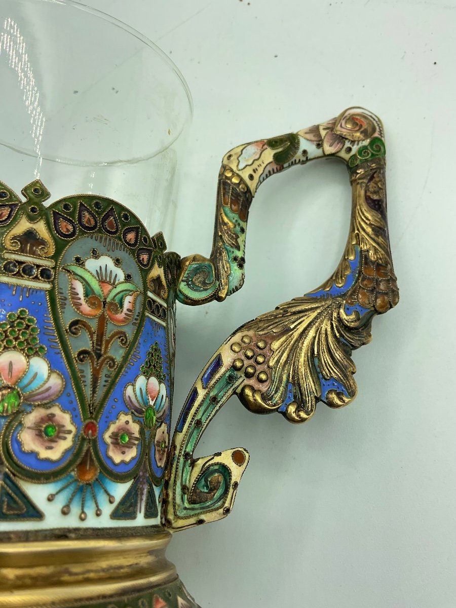 Russe Porte Verre à Thé  à Motif Floral En émail Champlevé Polychrome,magnifique Objet,parfait-photo-6