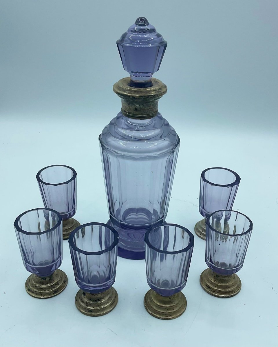 Antique Moser Glass Liquor Set In Amethyst Color Silver Mounted-photo-2