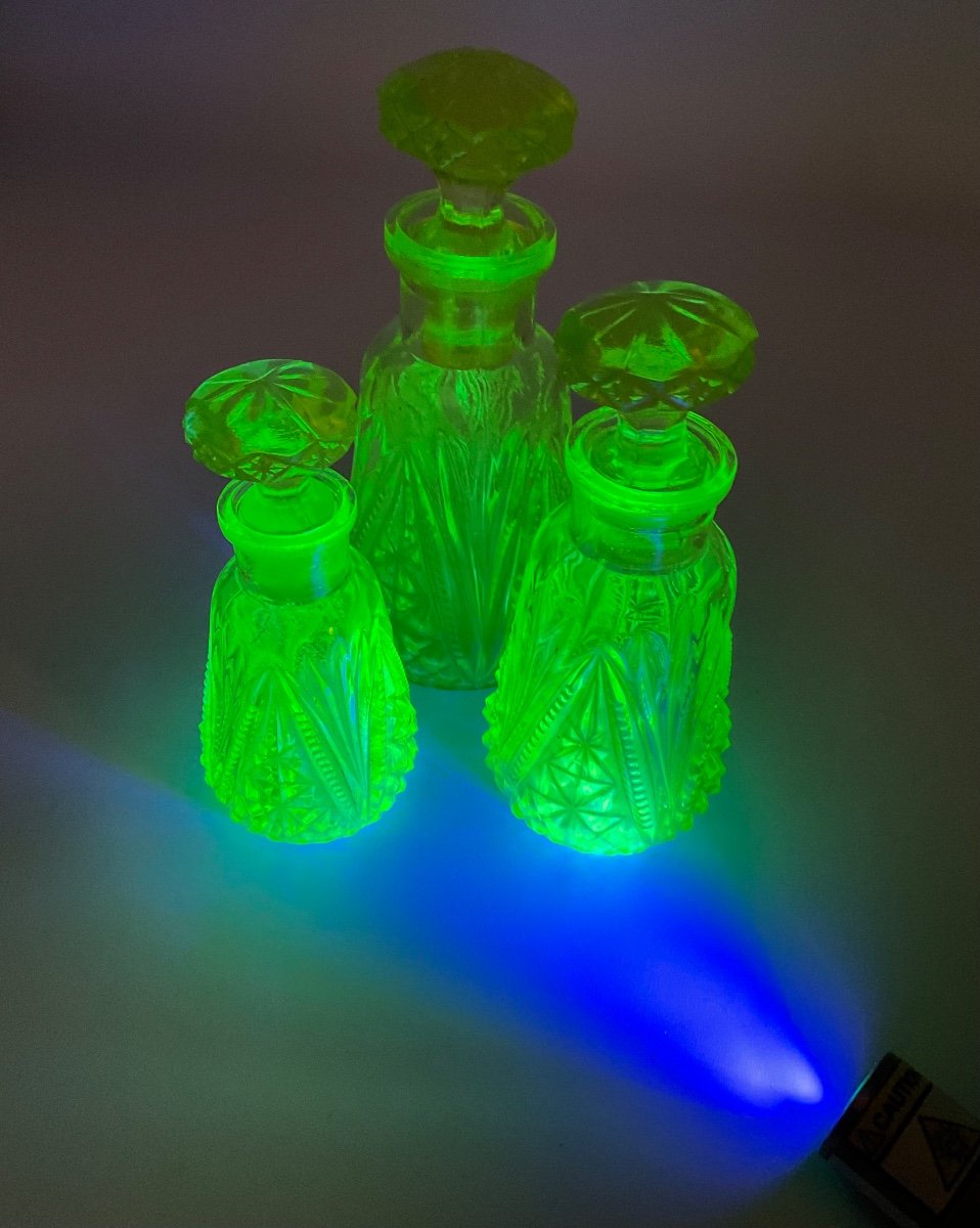 Antique Baccarat Uranium Glass Set Of 3 Perfume Bottles,perfect -photo-4