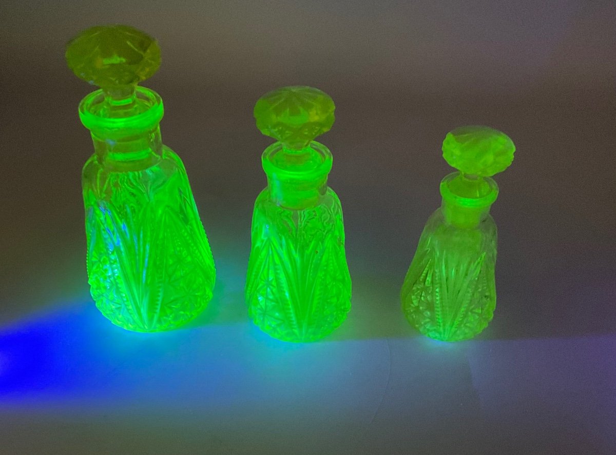 Antique Baccarat Uranium Glass Set Of 3 Perfume Bottles,perfect -photo-8