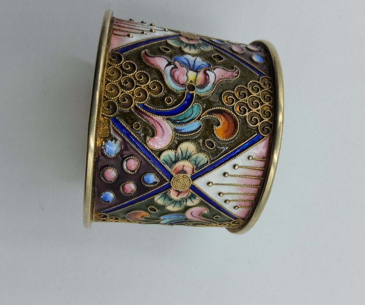 Russian Imperial Silver Enamel Napkin Ring Champleve Enamel,floral Ornament.-photo-2