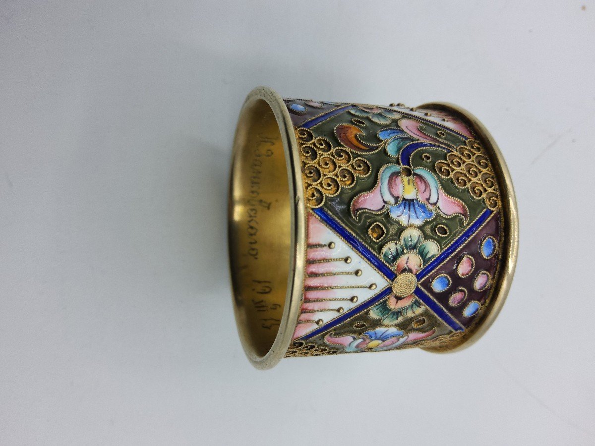 Russian Imperial Silver Enamel Napkin Ring Champleve Enamel,floral Ornament.-photo-3