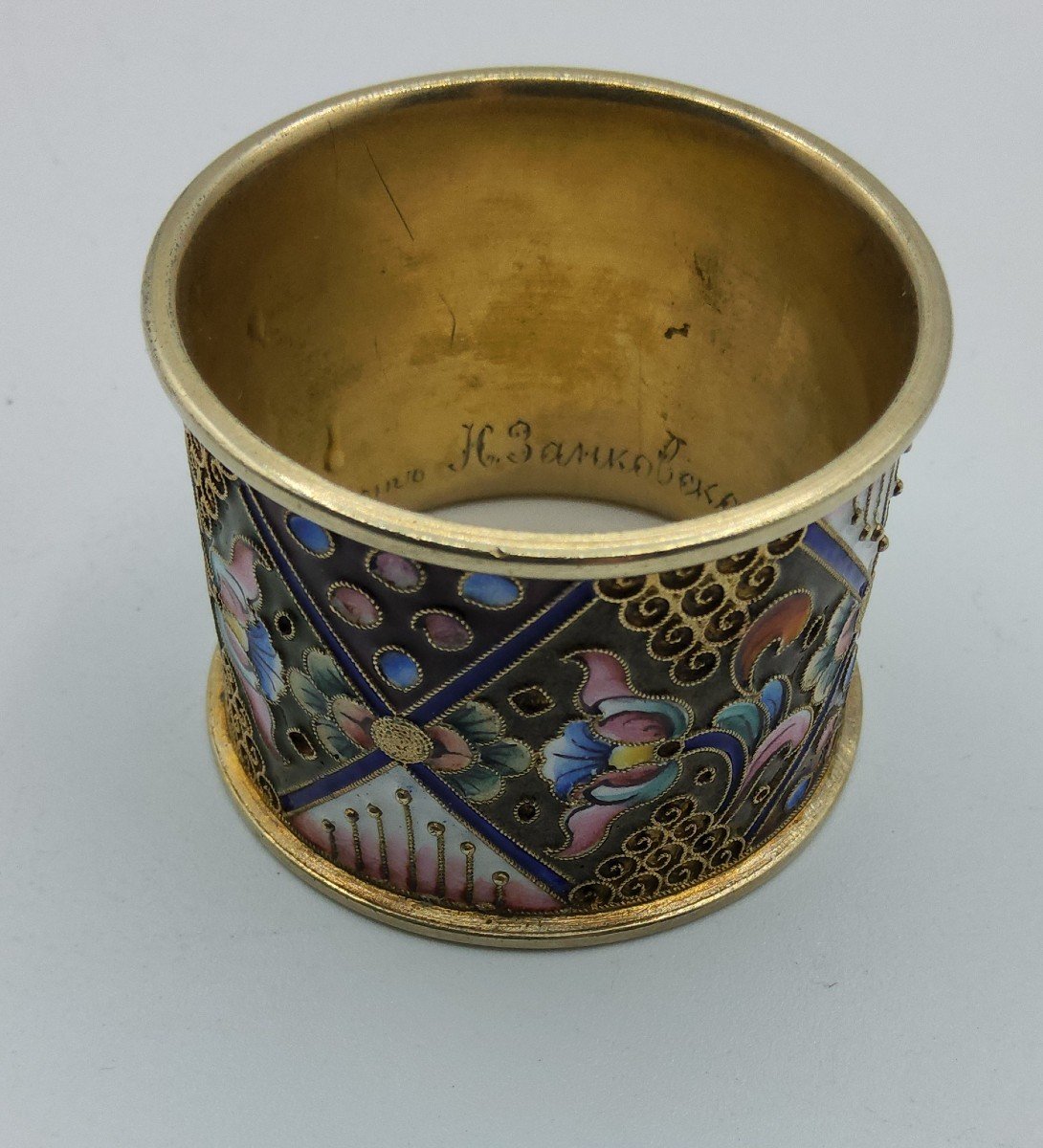 Russian Imperial Silver Enamel Napkin Ring Champleve Enamel,floral Ornament.-photo-1