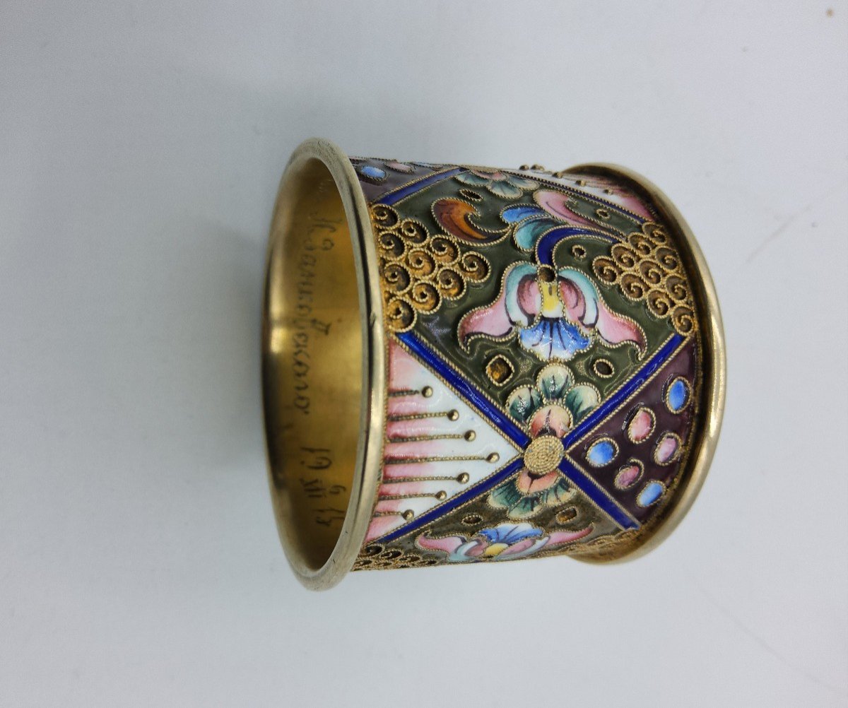 Russian Imperial Silver Enamel Napkin Ring Champleve Enamel,floral Ornament.-photo-2