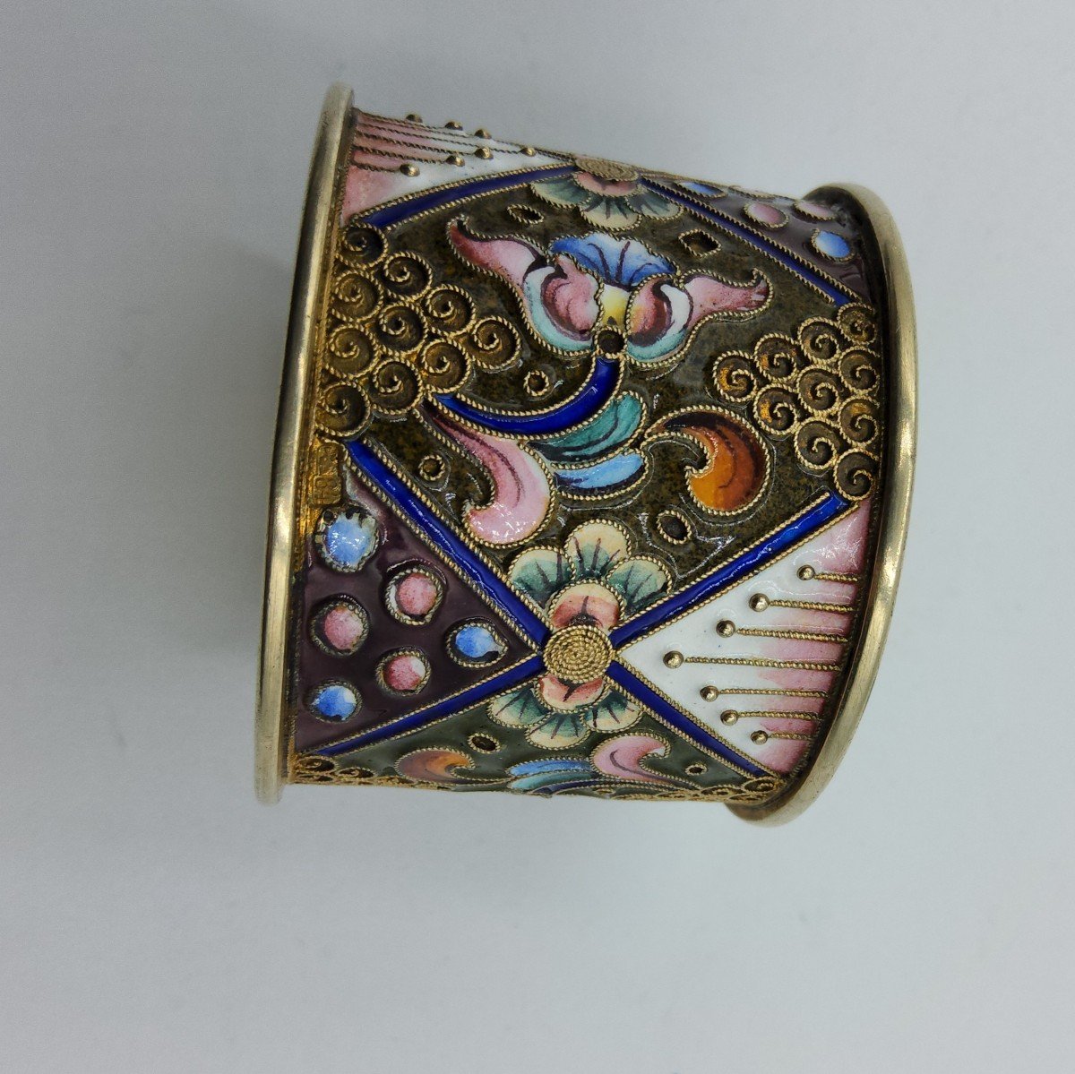 Russian Imperial Silver Enamel Napkin Ring Champleve Enamel,floral Ornament.-photo-3