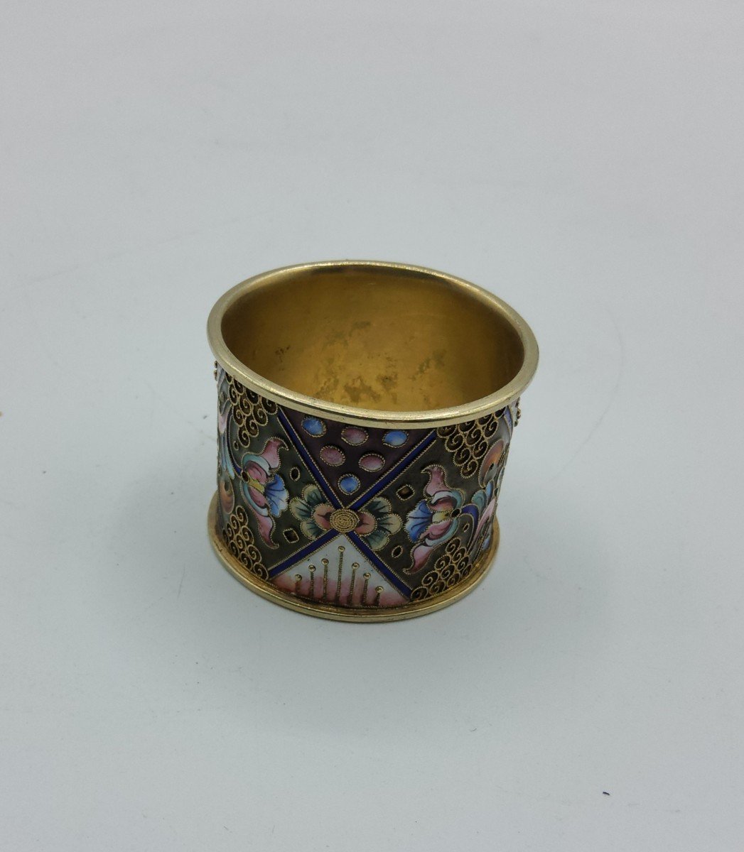 Russian Imperial Silver Enamel Napkin Ring Champleve Enamel,floral Ornament.-photo-4