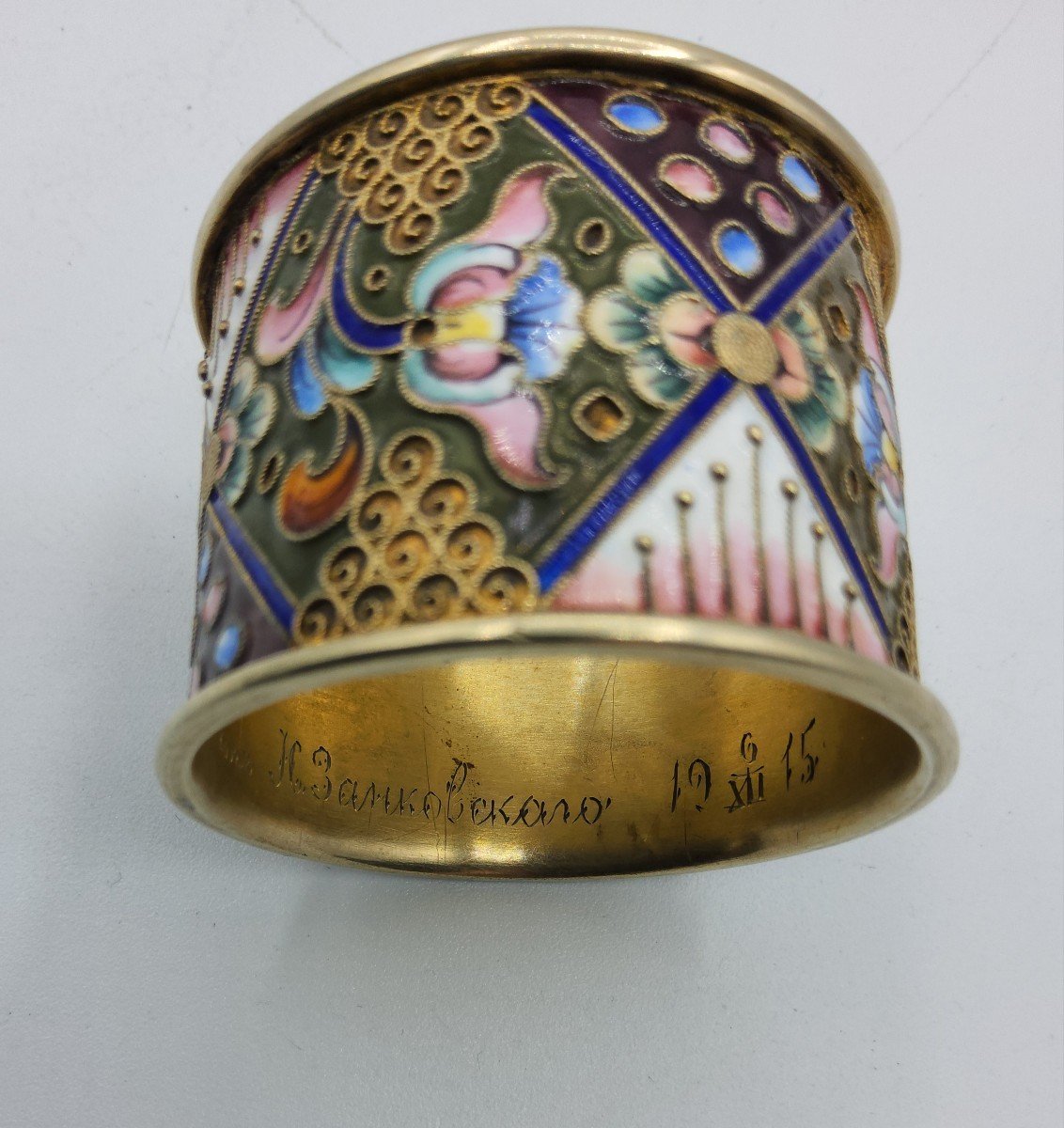 Russian Imperial Silver Enamel Napkin Ring Champleve Enamel,floral Ornament.-photo-5