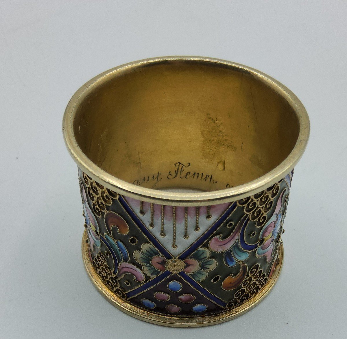 Russian Imperial Silver Enamel Napkin Ring Champleve Enamel,floral Ornament.-photo-6