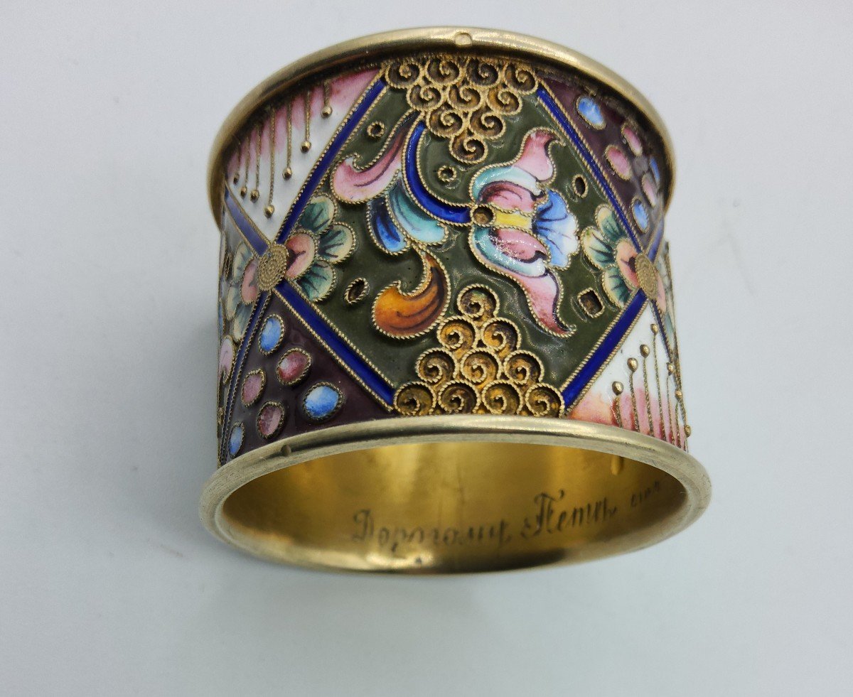 Russian Imperial Silver Enamel Napkin Ring Champleve Enamel,floral Ornament.-photo-7