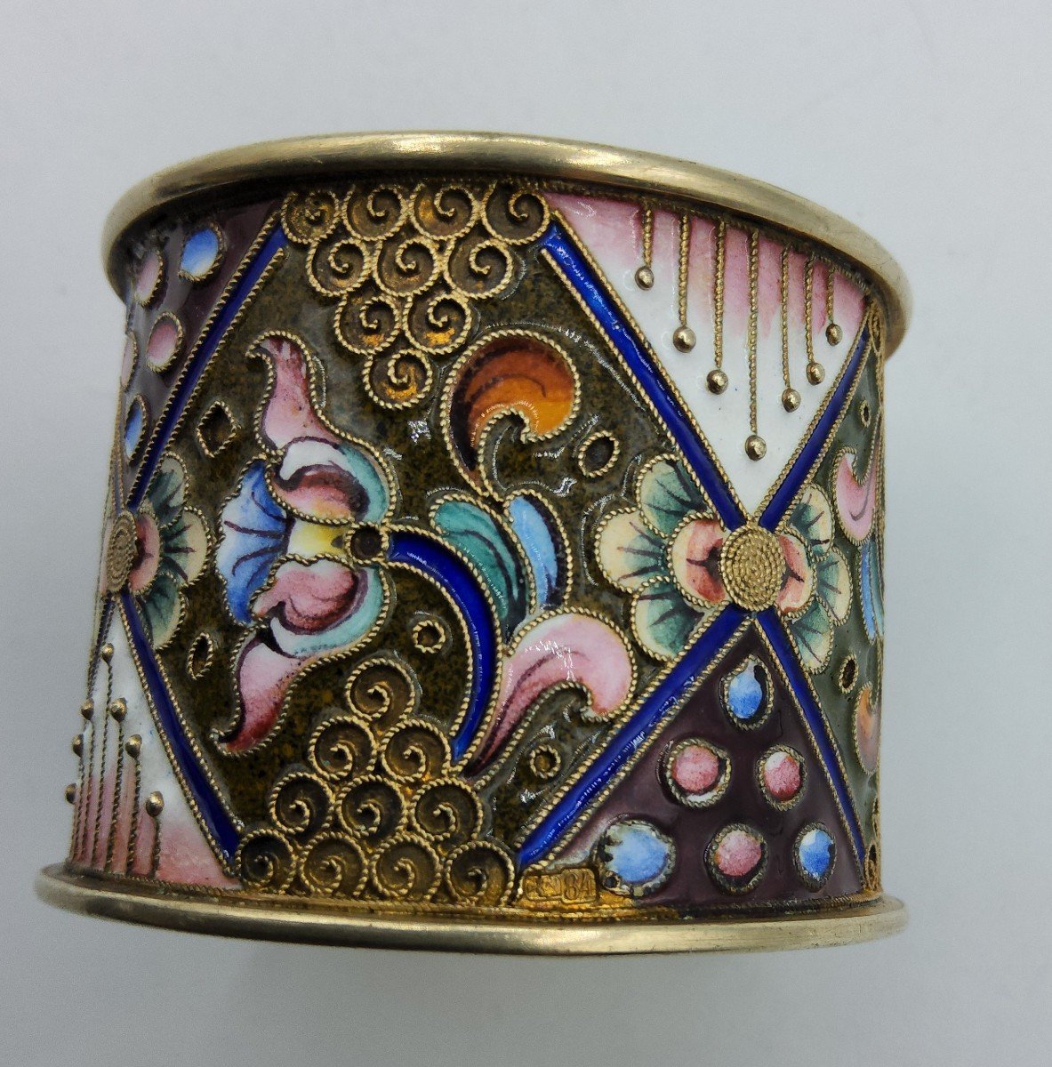 Russian Imperial Silver Enamel Napkin Ring Champleve Enamel,floral Ornament.-photo-8