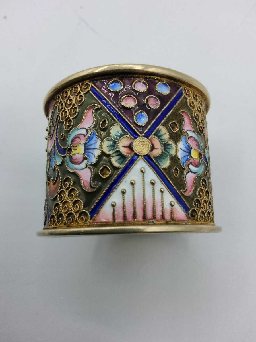 Russian Imperial Silver Enamel Napkin Ring Champleve Enamel,floral Ornament.