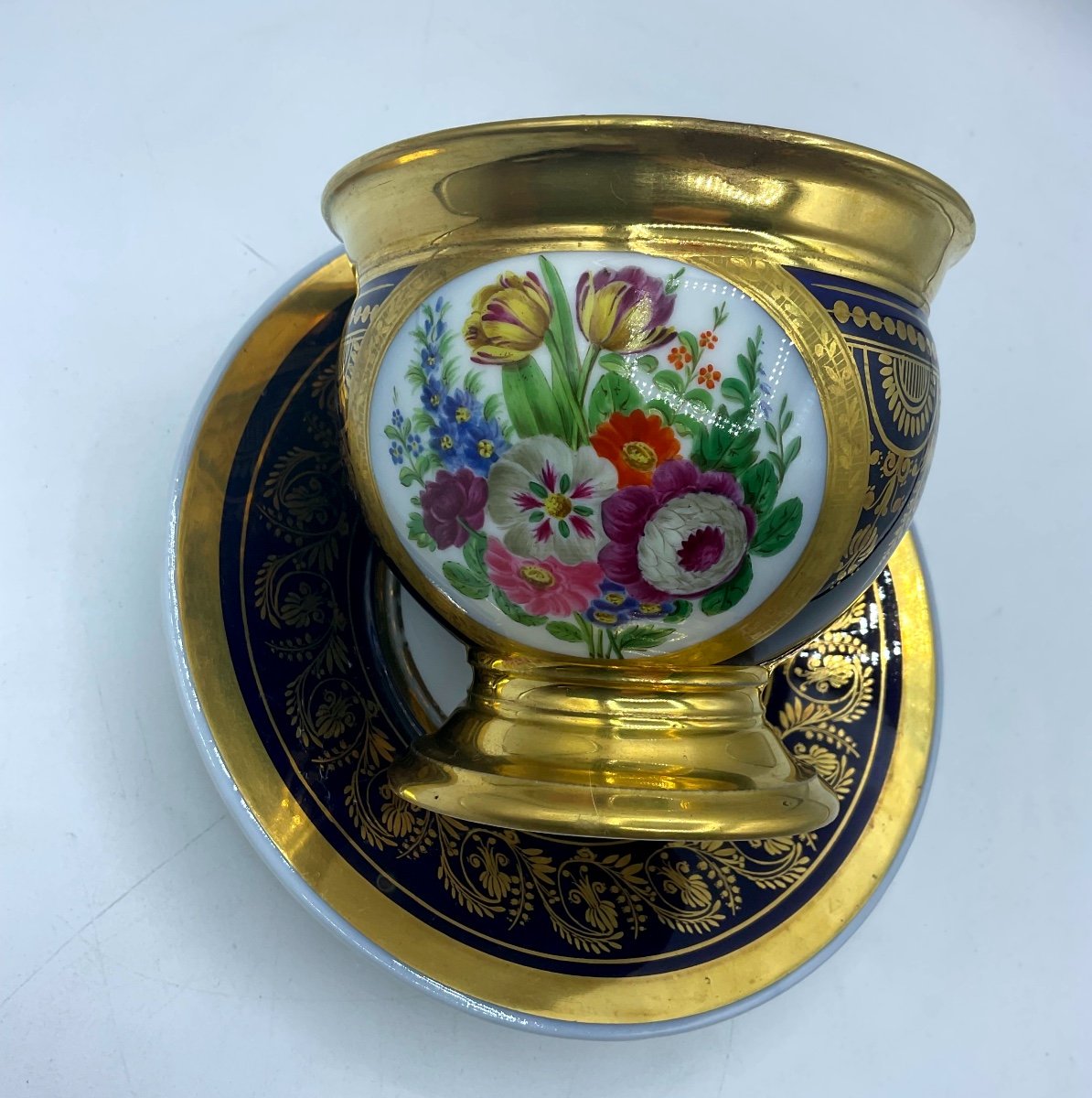 Old Paris Porcelain Large Cup And Saucer In Cobalt Blue,richly Gilded And Painted With Flowers -photo-8