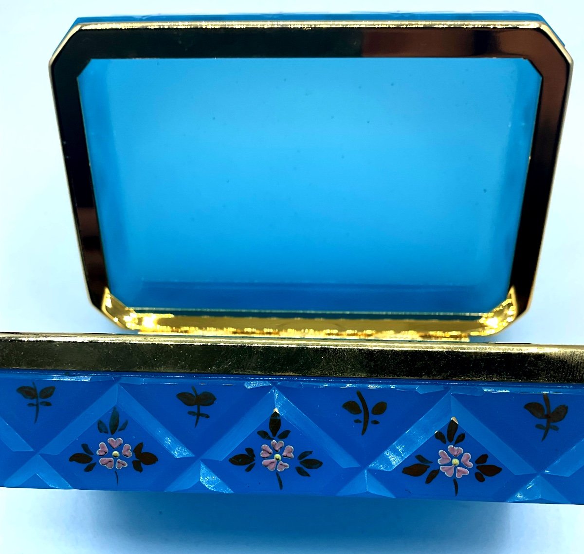 Boîte En Verre Opaline Bleu Turquoise Avec Petites Fleurs Peintes, Forme Rectangulaire-photo-4