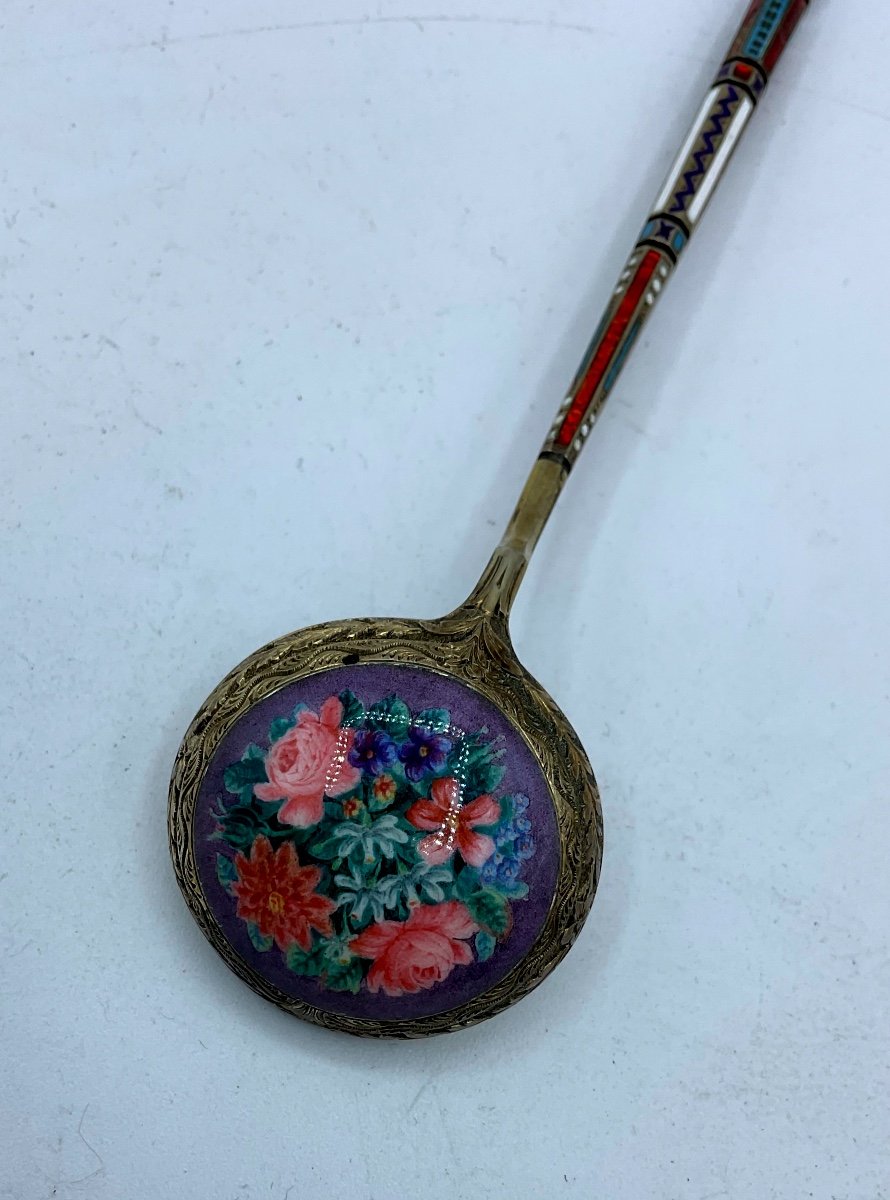 Russian Antique Silver Enamel Spoon,polychrome Enamel Floral Bouquet -photo-2