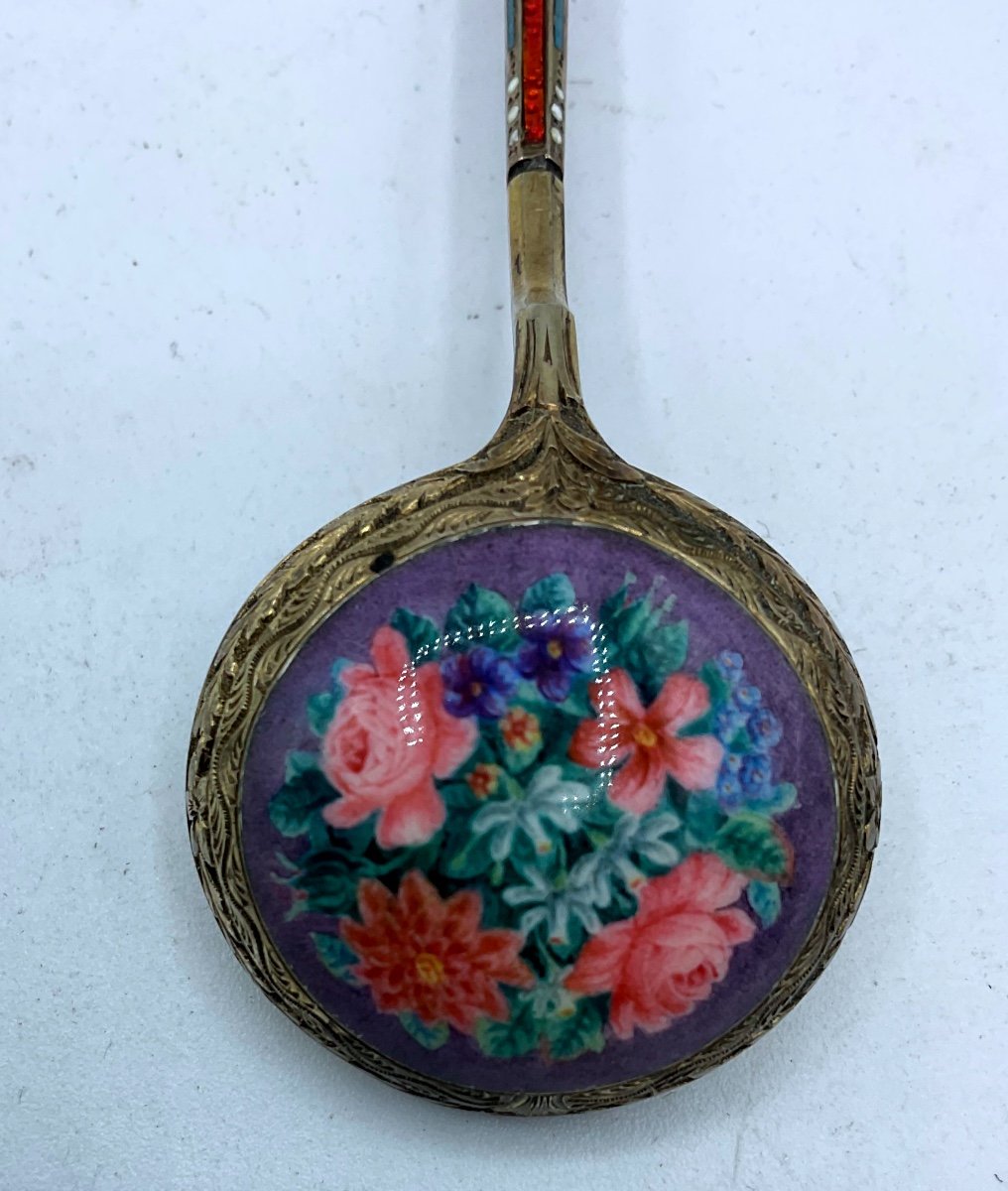 Russian Antique Silver Enamel Spoon,polychrome Enamel Floral Bouquet -photo-3