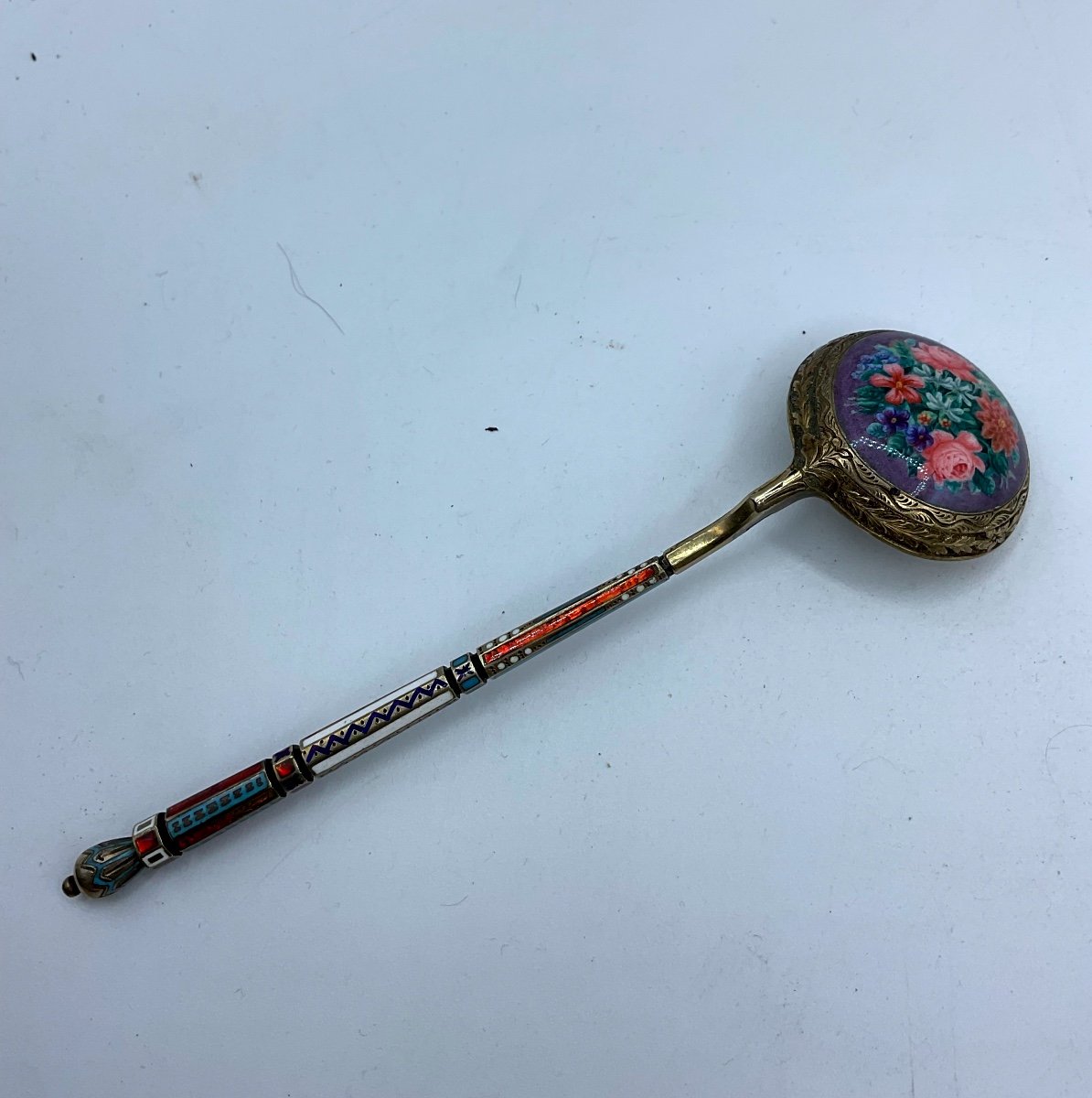 Russian Antique Silver Enamel Spoon,polychrome Enamel Floral Bouquet -photo-4