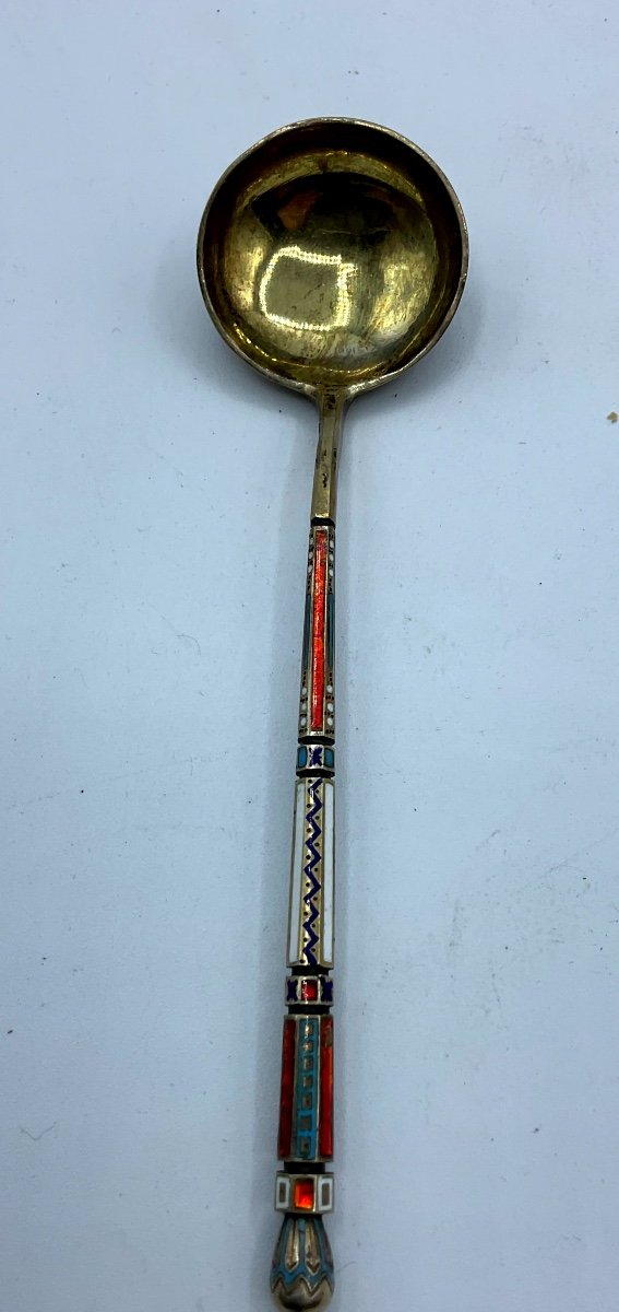 Russian Antique Silver Enamel Spoon,polychrome Enamel Floral Bouquet -photo-3