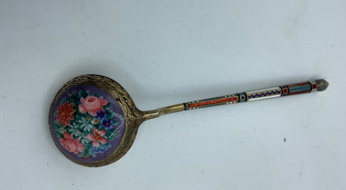 Russian Antique Silver Enamel Spoon,polychrome Enamel Floral Bouquet -photo-4