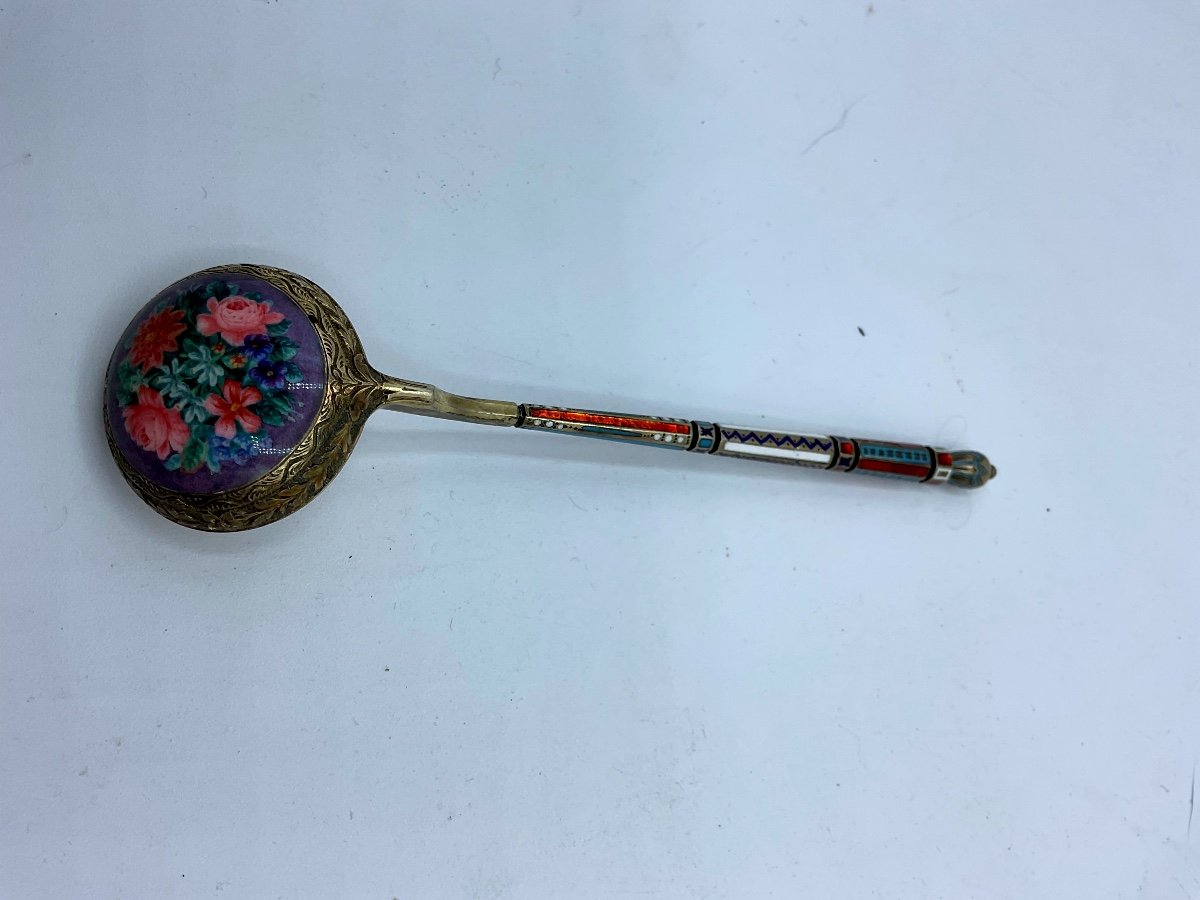 Russian Antique Silver Enamel Spoon,polychrome Enamel Floral Bouquet -photo-6