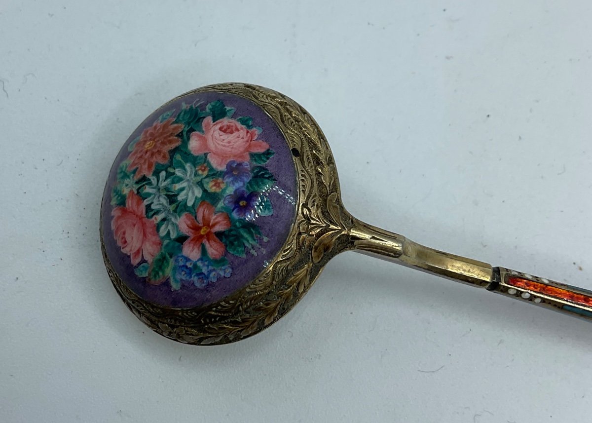 Russian Antique Silver Enamel Spoon,polychrome Enamel Floral Bouquet -photo-7