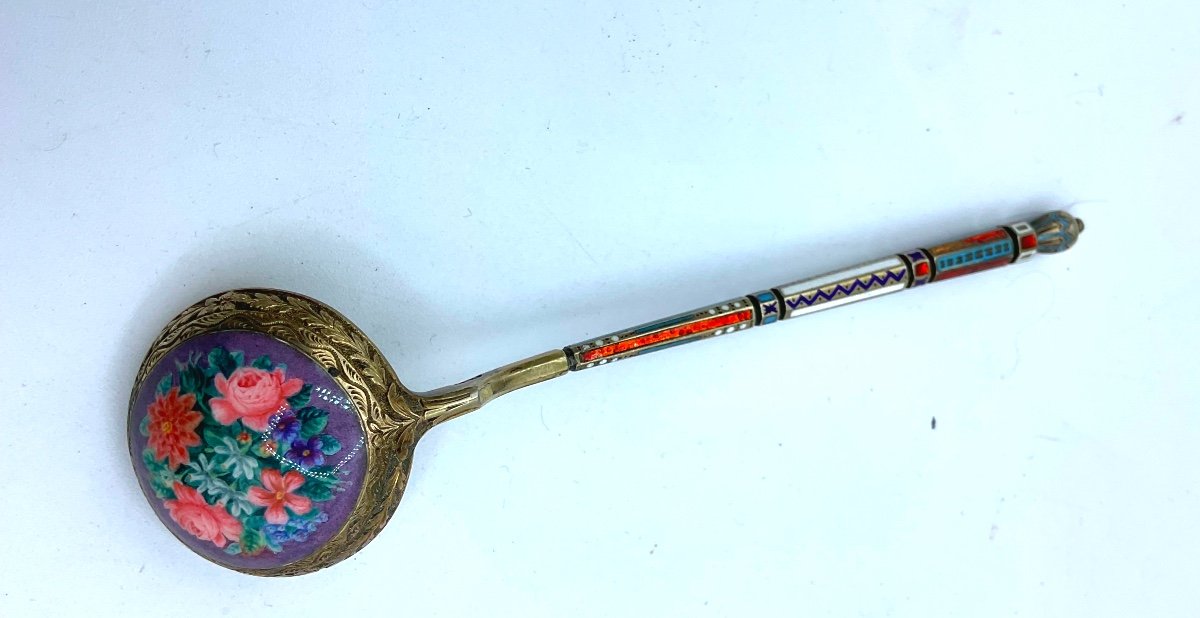 Russian Antique Silver Enamel Spoon,polychrome Enamel Floral Bouquet 