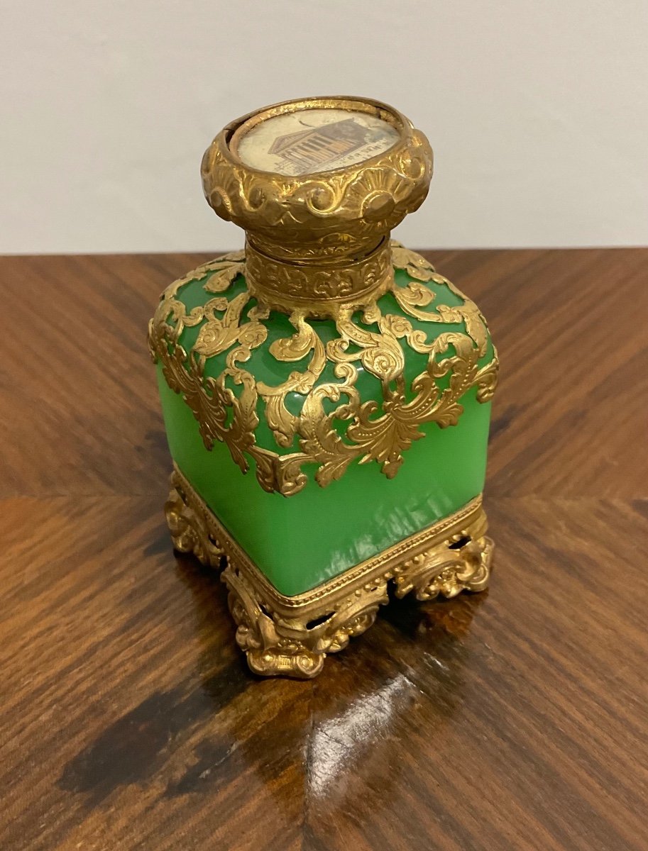 Flacon De Parfum Antique Français En Opaline Avec Monture Dorée,napoléon III-photo-2