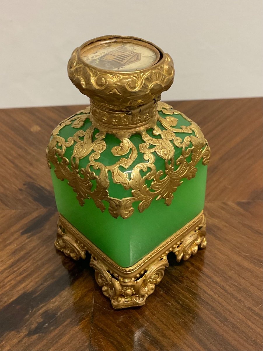 Flacon De Parfum Antique Français En Opaline Avec Monture Dorée,napoléon III-photo-3
