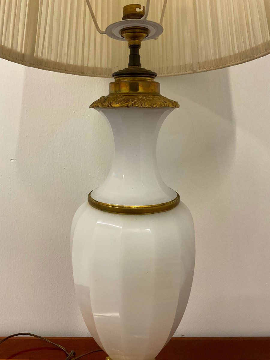 Grande Lamp  En Verre Opaline,xixème Dore  Bronze Mont-photo-4