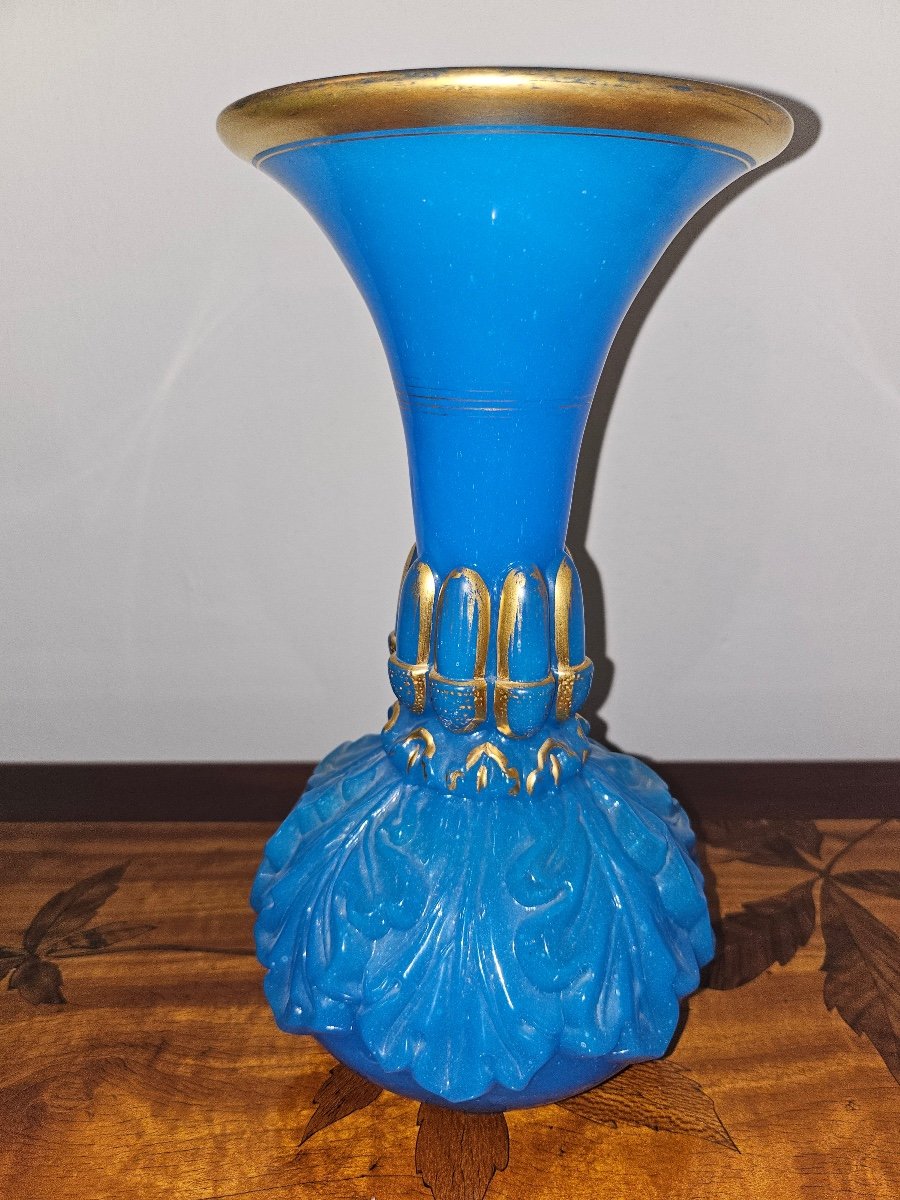 Paire De Vases En Verre De Baccarat Opaline  Bleu à Décor En Relief, Très Rare,xixème -photo-8