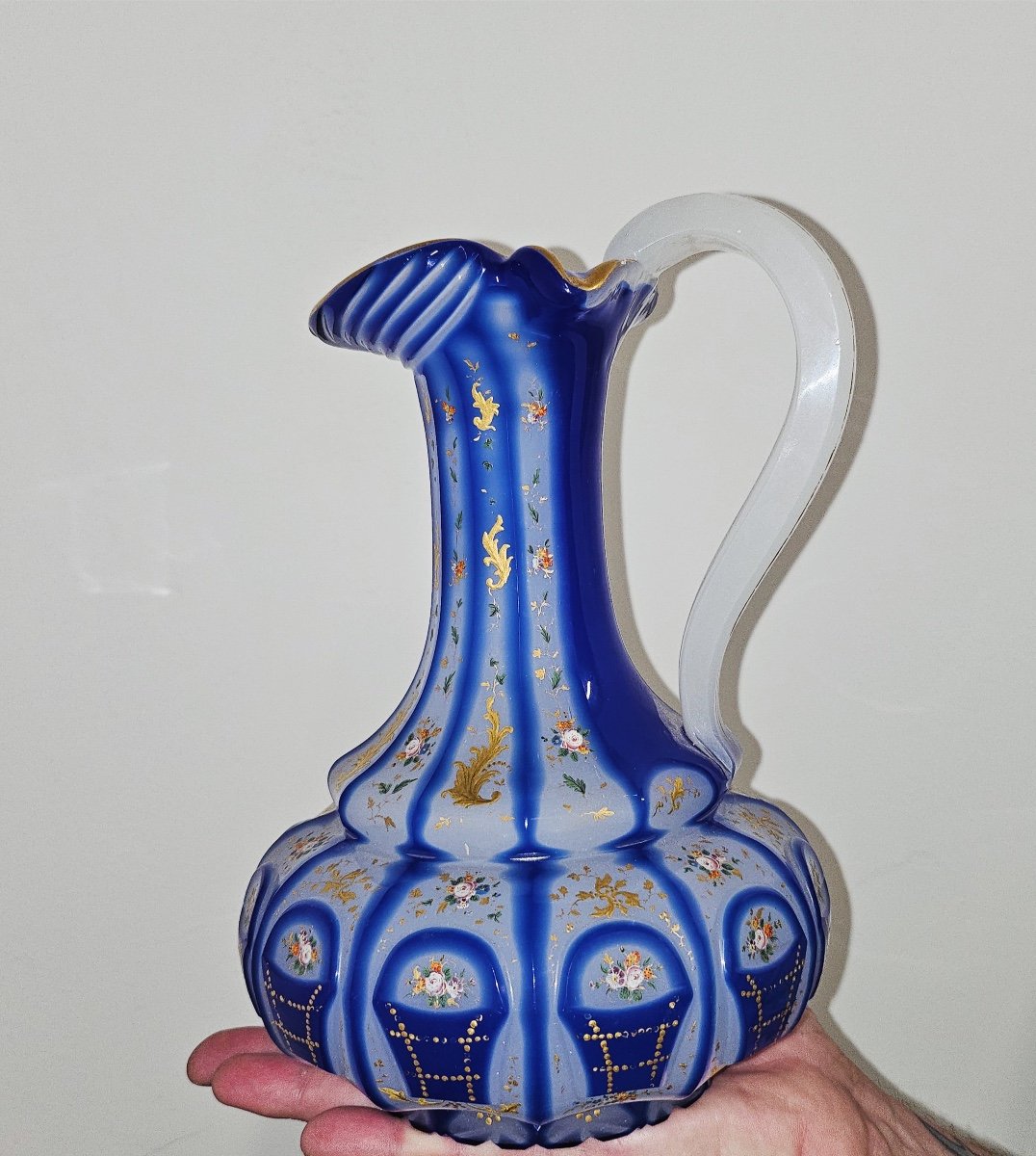 Magnificent Bohemian Double Overlay Glass Ever,barfstsn Glass Jug Unusual Shape,enamel -photo-2