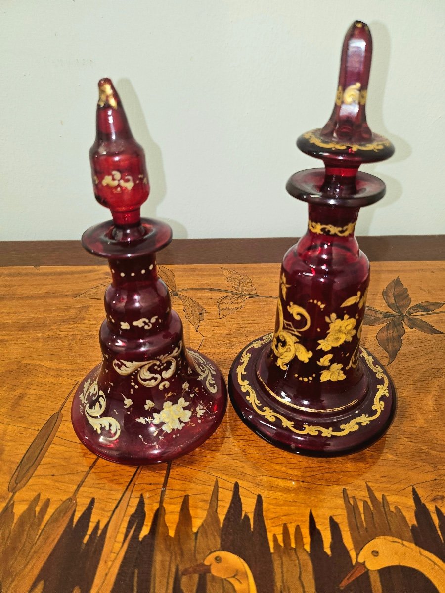 Antique Bohemian Glass Perfume Bottles In Ruby, Price For 2