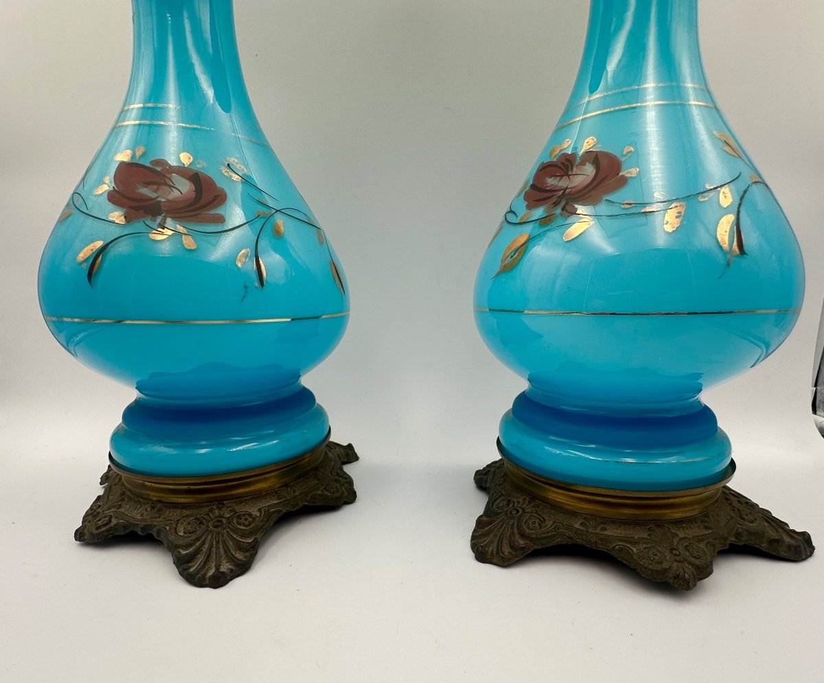 Pair Of Antique French Opaline Oil Lamp,very Large,perfect Condition -photo-6