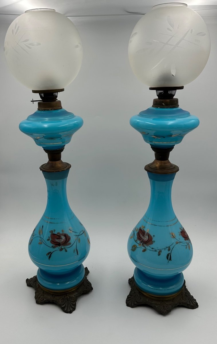 Pair Of Antique French Opaline Oil Lamp,very Large,perfect Condition 