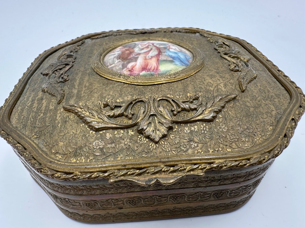 Antique French Bronze Casket Box With A Miniature On The Lid.-photo-4