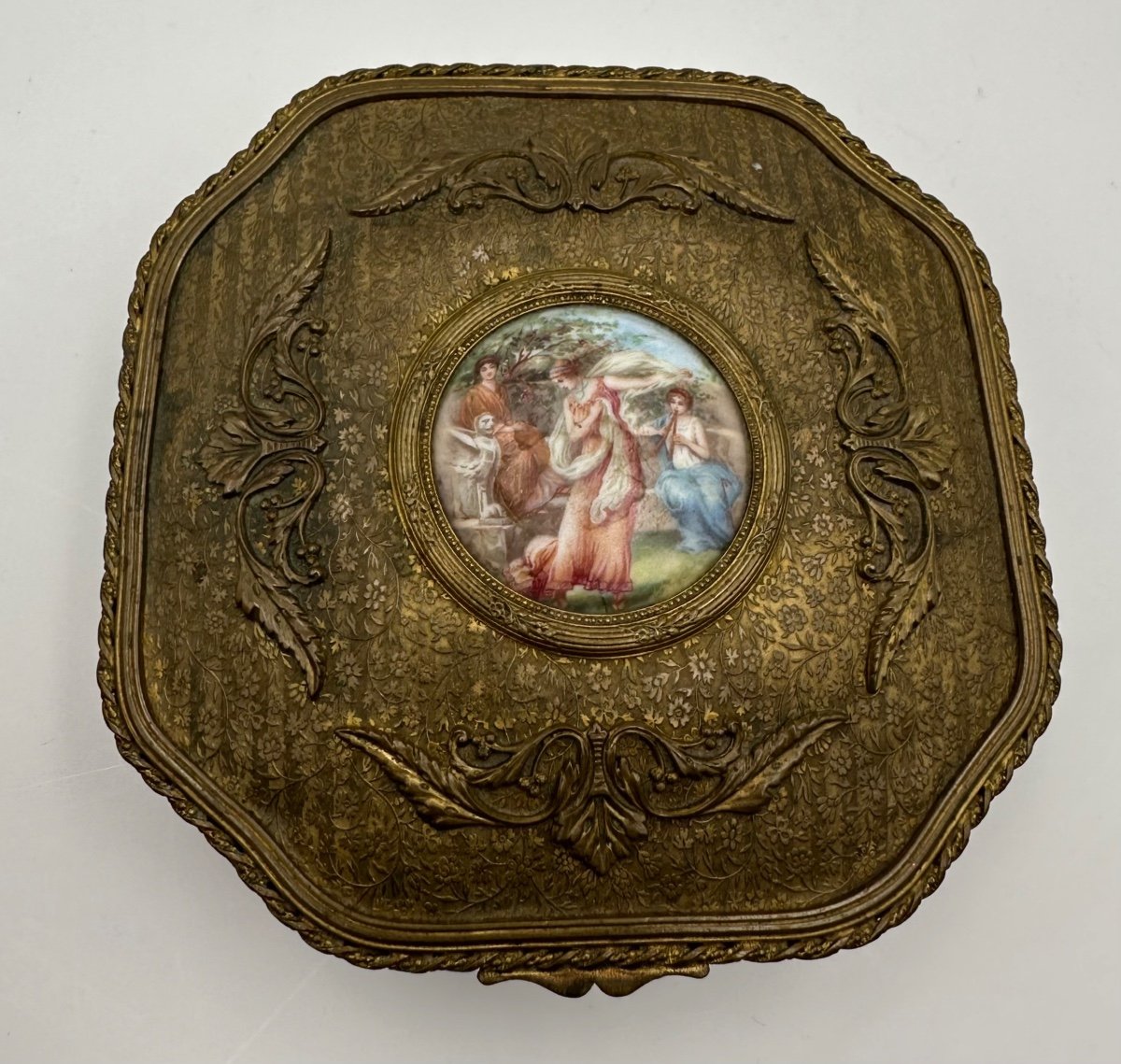 Antique French Bronze Casket Box With A Miniature On The Lid.