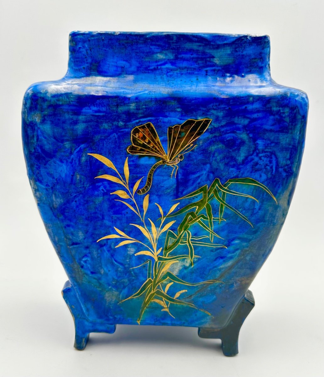 Magnificent French Art Nouveau Centre Piece/cache Pot In Japanese Style ,laois Lazuli Ground -photo-4