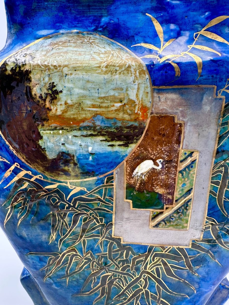 Magnificent French Art Nouveau Centre Piece/cache Pot In Japanese Style ,laois Lazuli Ground -photo-4