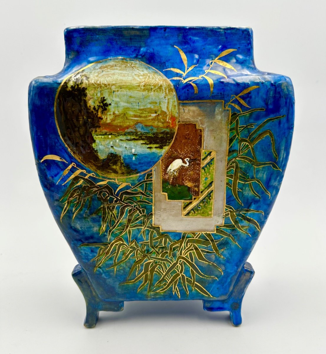 Magnificent French Art Nouveau Centre Piece/cache Pot In Japanese Style ,laois Lazuli Ground 