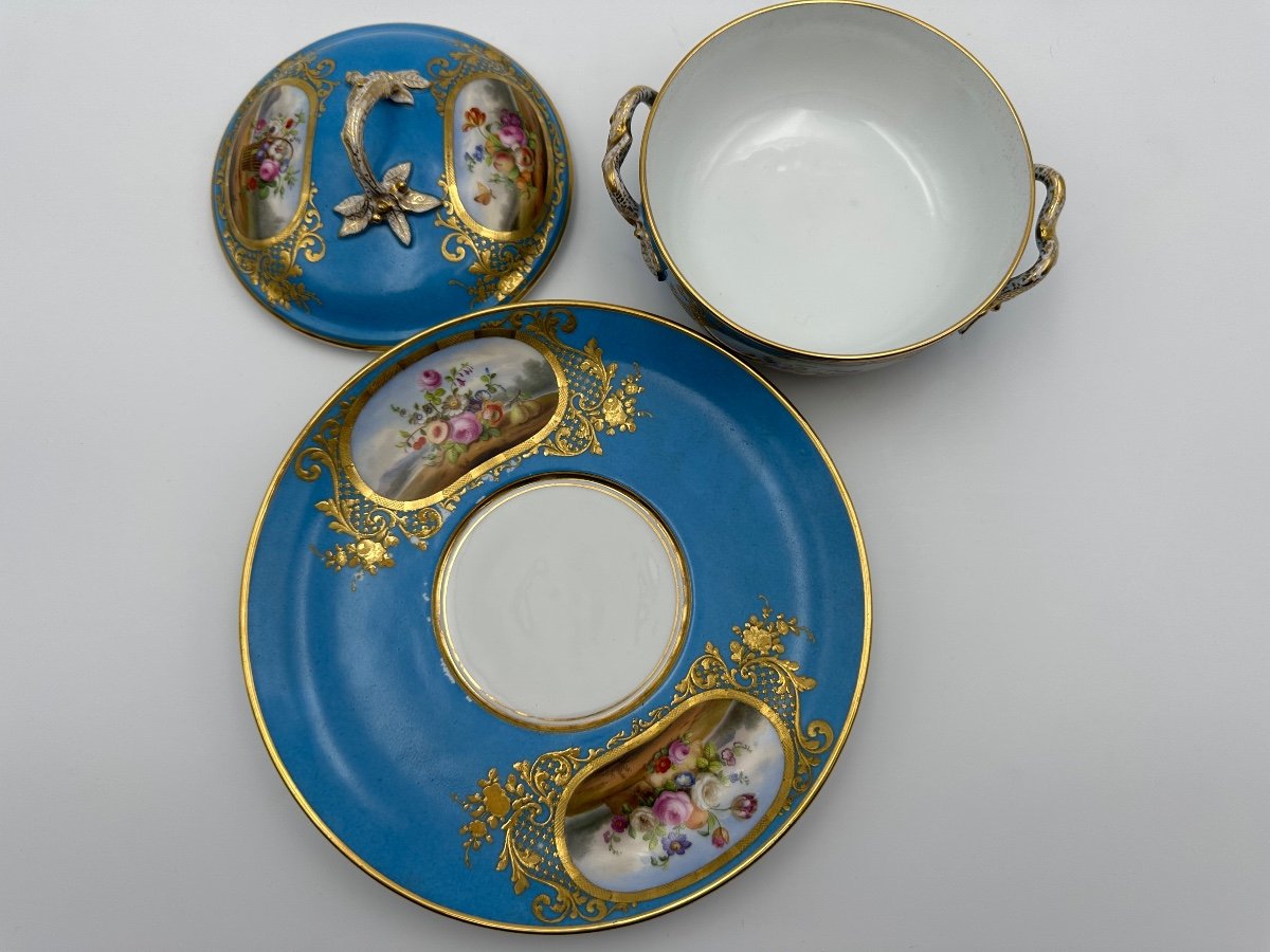 Very Rare Sèvres Porcelain écuelle Trio In Blue Hand Painted,perfect Condition -photo-3