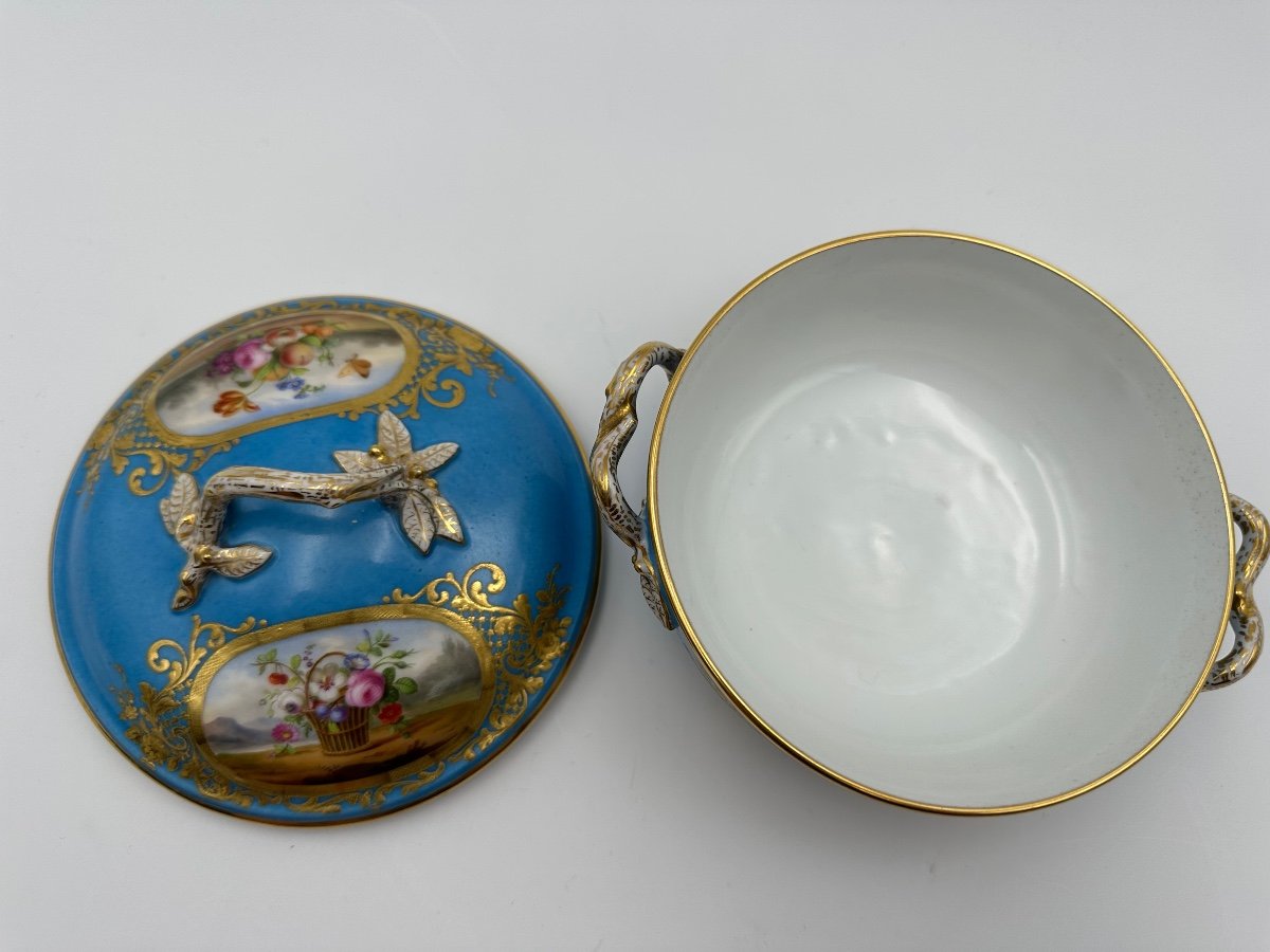 Very Rare Sèvres Porcelain écuelle Trio In Blue Hand Painted,perfect Condition -photo-1