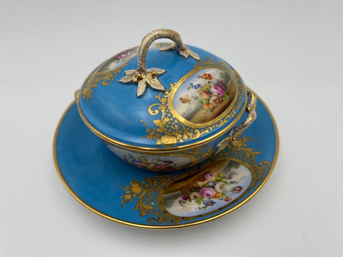 Very Rare Sèvres Porcelain écuelle Trio In Blue Hand Painted,perfect Condition -photo-6