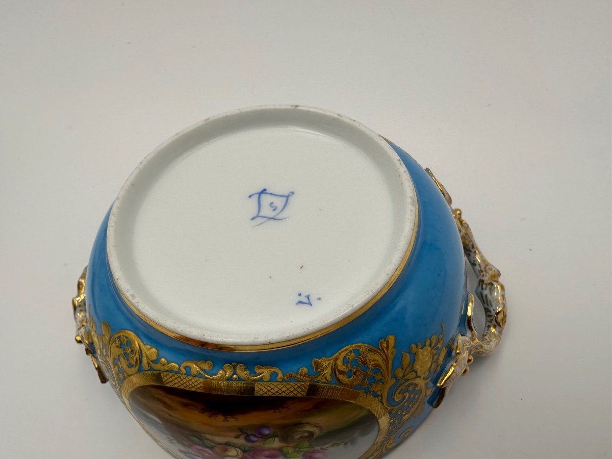 Very Rare Sèvres Porcelain écuelle Trio In Blue Hand Painted,perfect Condition -photo-8