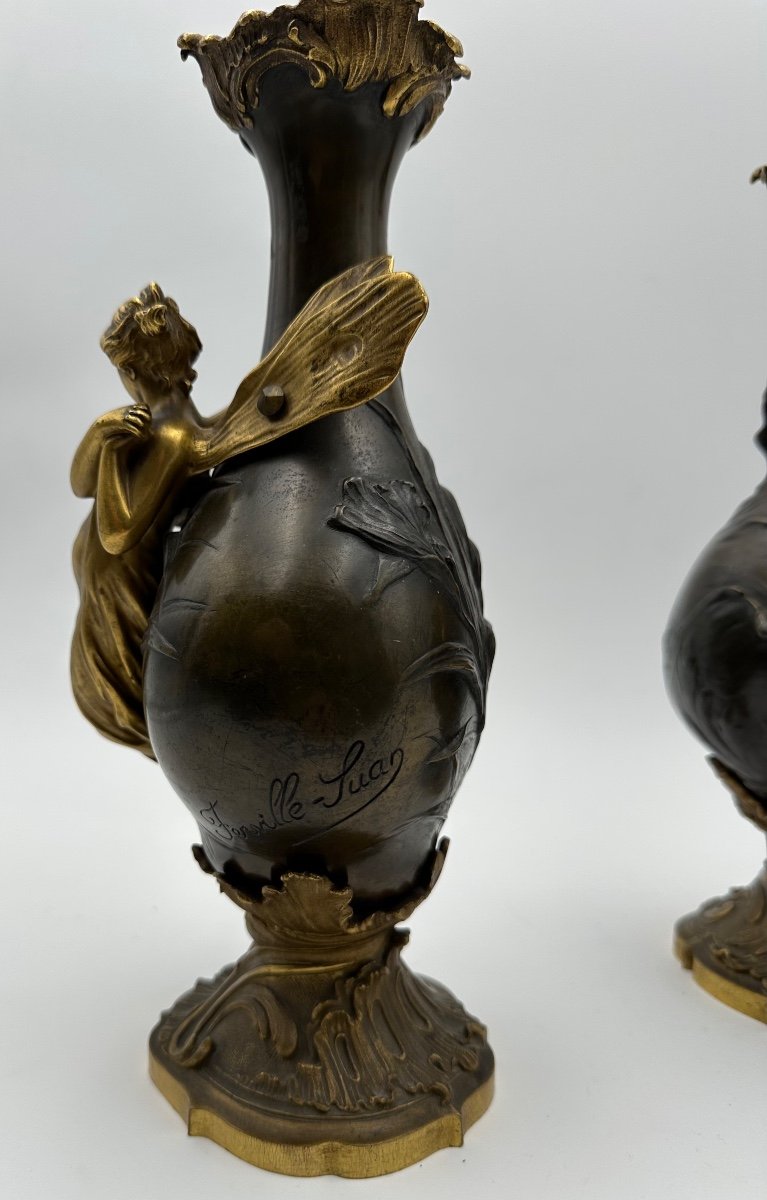 Pair Of Bronze Vases By Ferville Suan,paginated And Gilded Bronze ,figures Of The Nymphs -photo-1