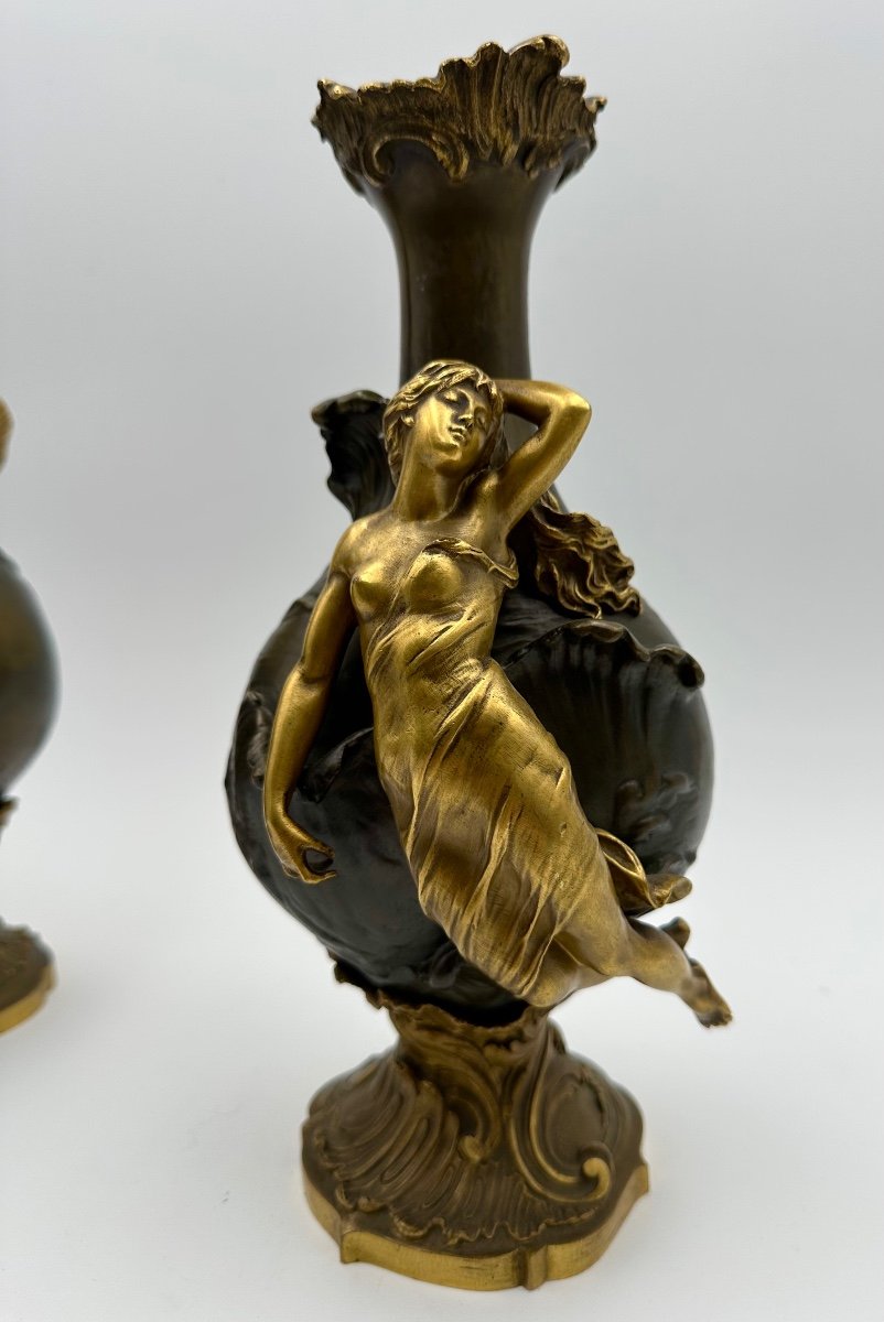 Pair Of Bronze Vases By Ferville Suan,paginated And Gilded Bronze ,figures Of The Nymphs -photo-5