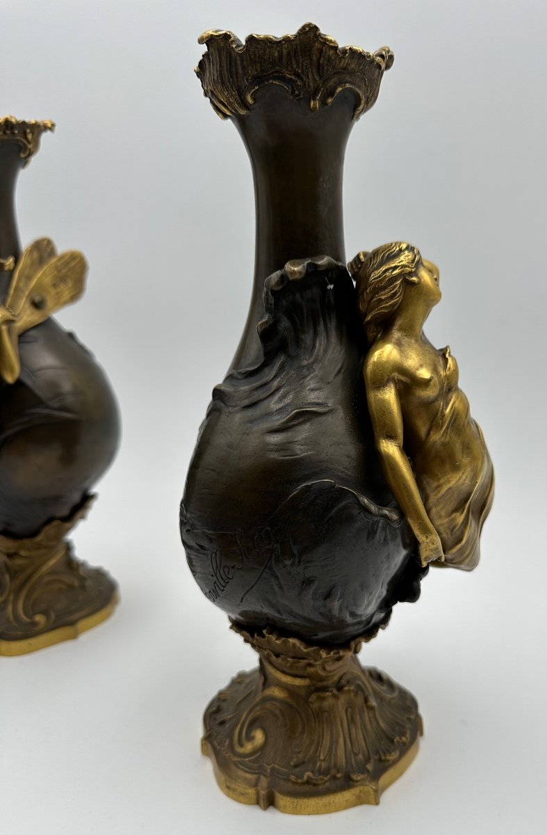 Pair Of Bronze Vases By Ferville Suan,paginated And Gilded Bronze ,figures Of The Nymphs -photo-8