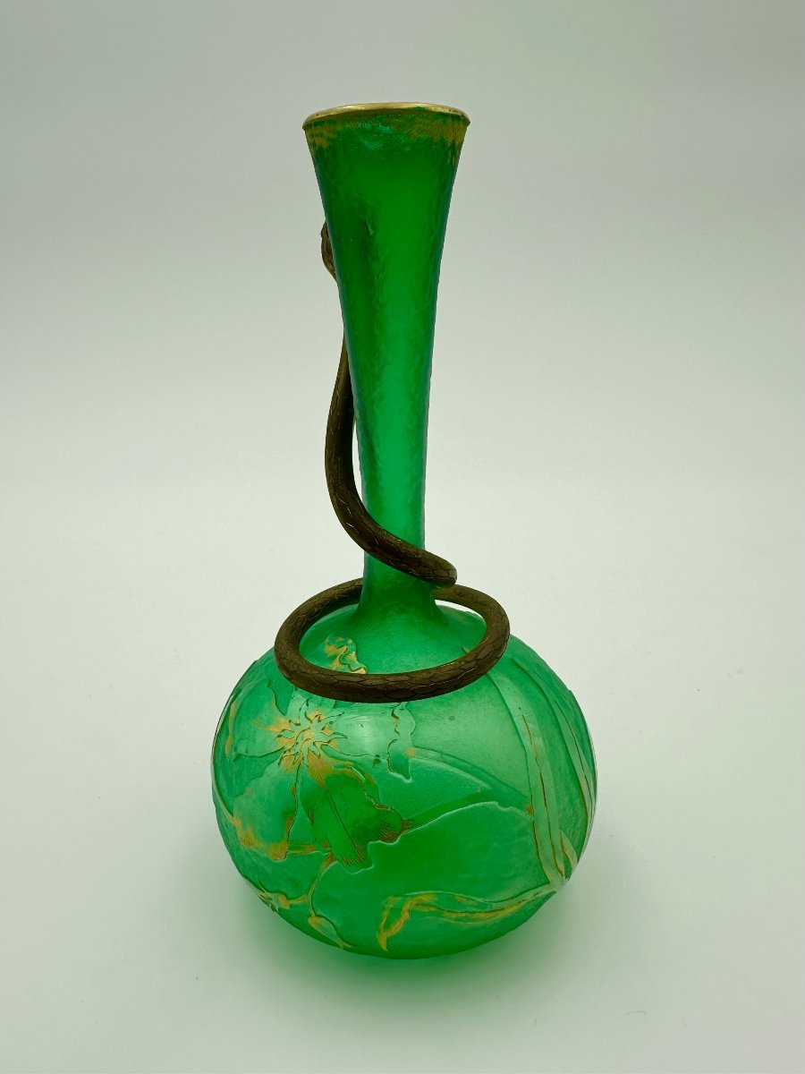 Daum Vase En Verre Givre Vert ,très Rare-photo-2