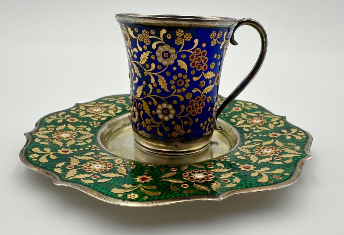 Antique Russian Silver Enamel Cup And Saucer,very Rare And Unusual -photo-8