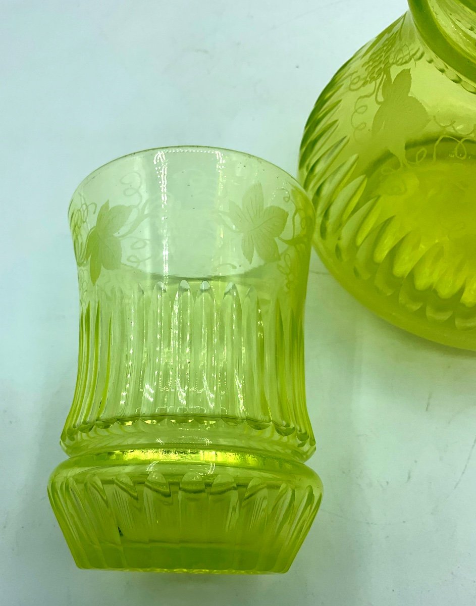 Antique Baccarat Uranium Glass Carafe With Drinking Glass,engraved With Vine Leaves-photo-1