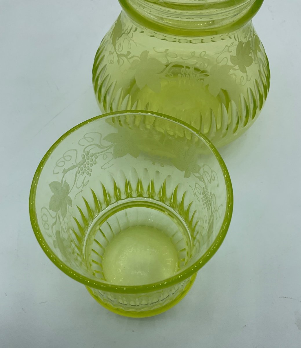 Antique Baccarat Uranium Glass Carafe With Drinking Glass,engraved With Vine Leaves-photo-7