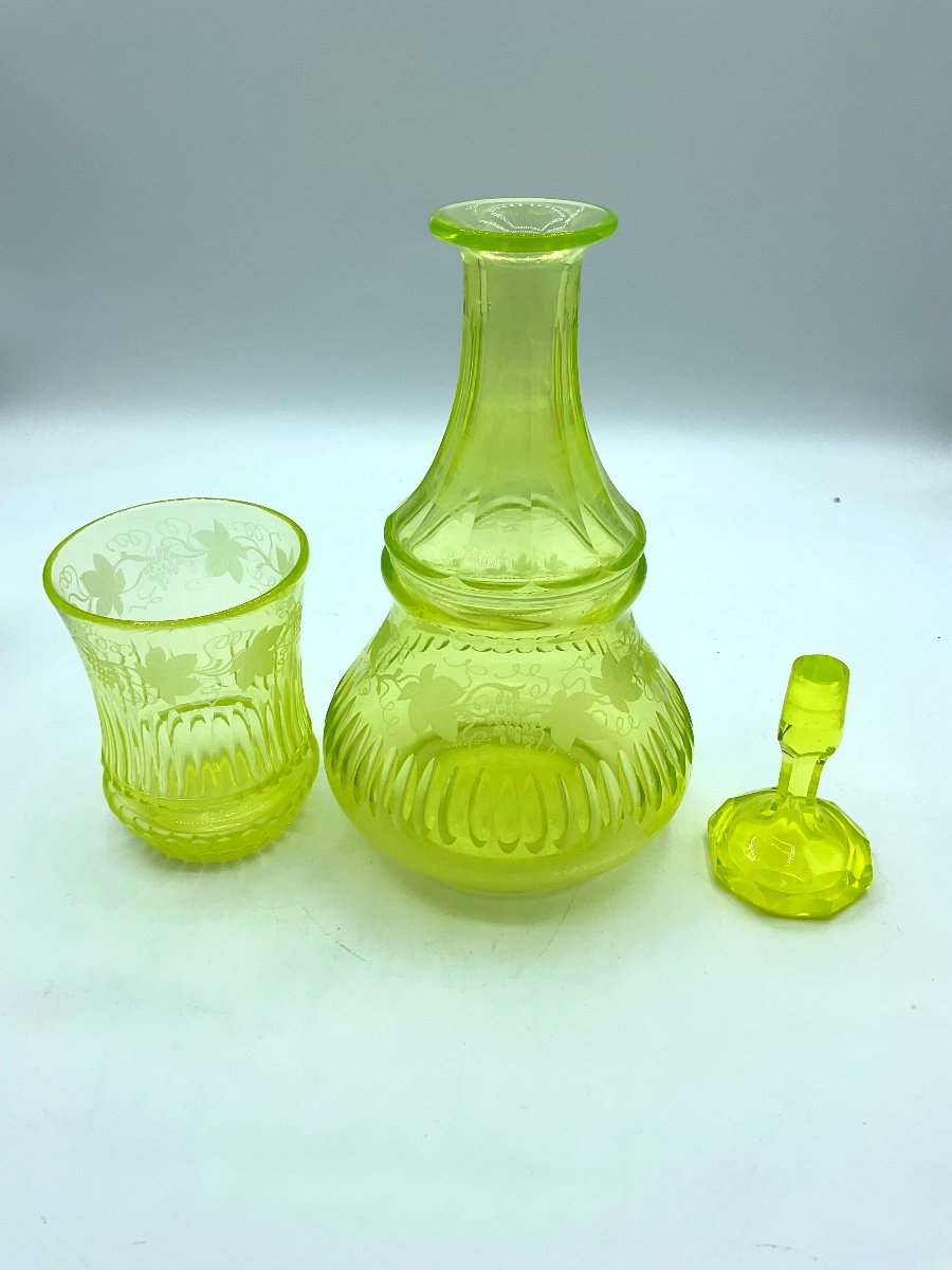 Antique Baccarat Uranium Glass Carafe With Drinking Glass,engraved With Vine Leaves